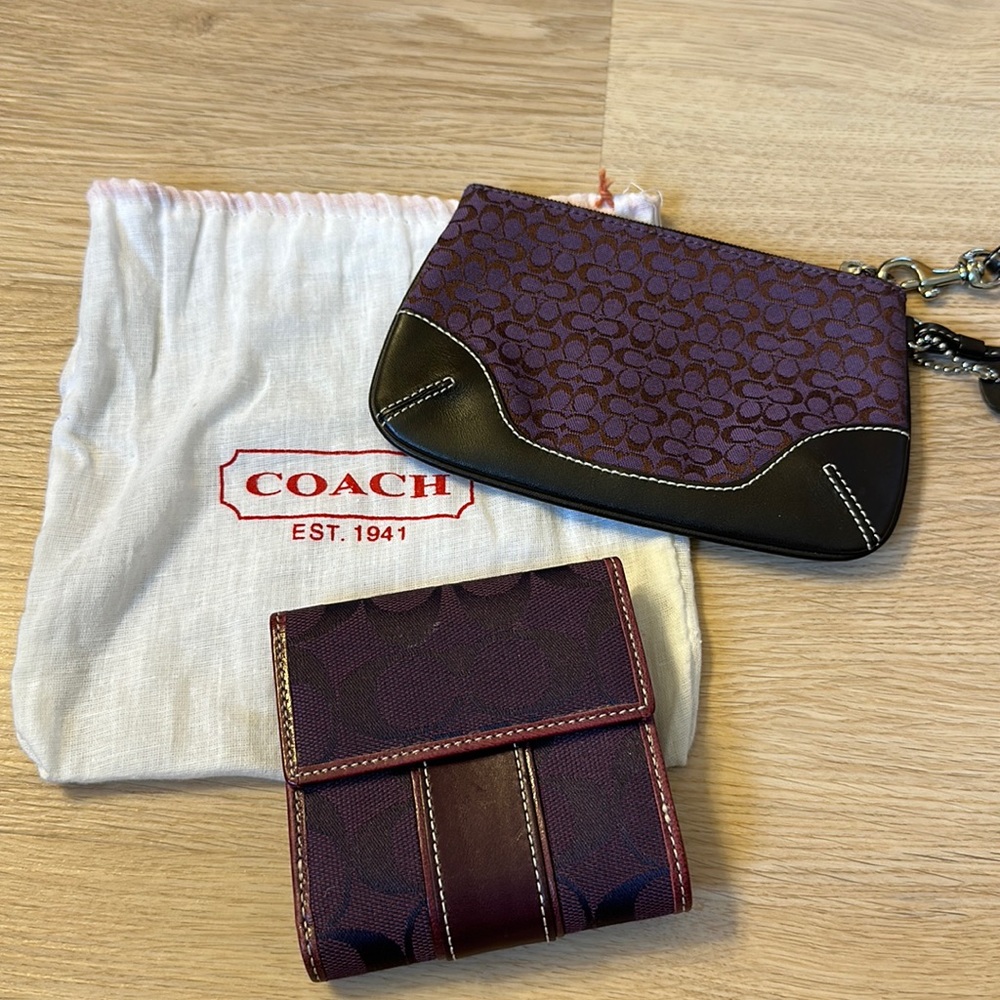 Purple coach, wallet, and wristlet